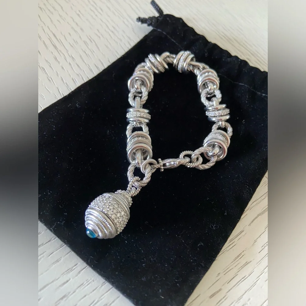 Judith Ripka silver link bracelet with ball charm, blue stone & cubic zirconia